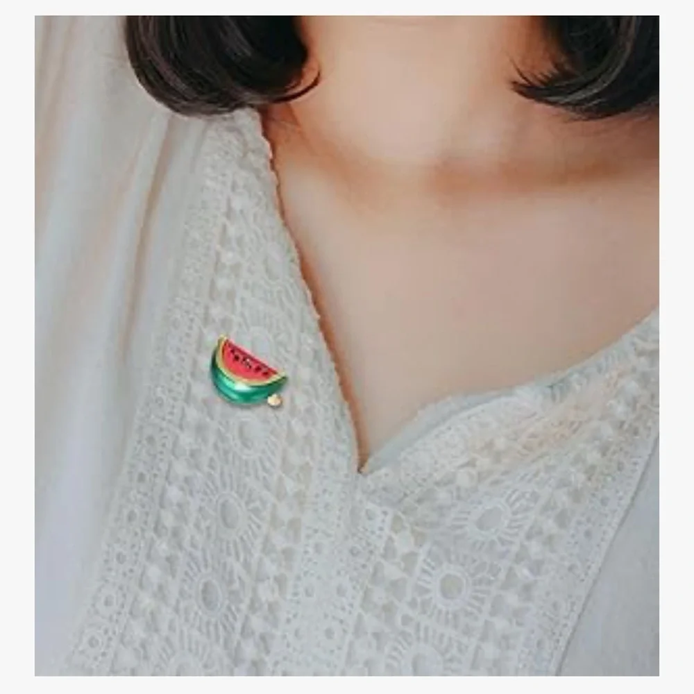 Watermelon Brooch Pin with Fashion Gemstones, Pink, Green, Black